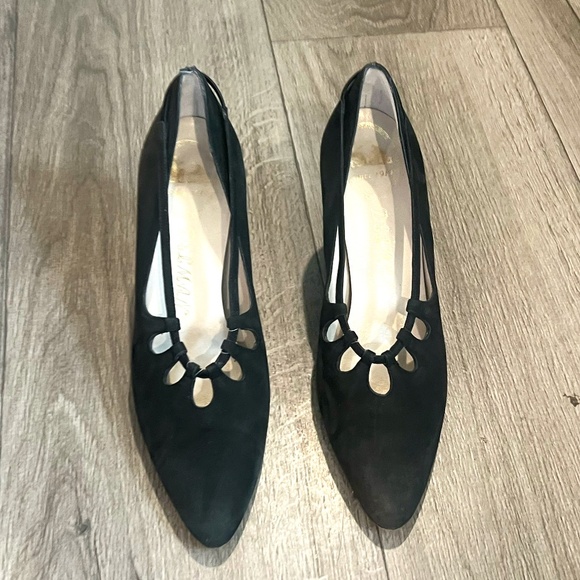 Delman Vintage 1940s Black‎ Suede Pumps Women's Slip-On Heels, Size 8N - Picture 1 of 12